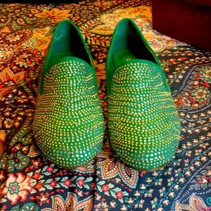 Green bedazzled loafers